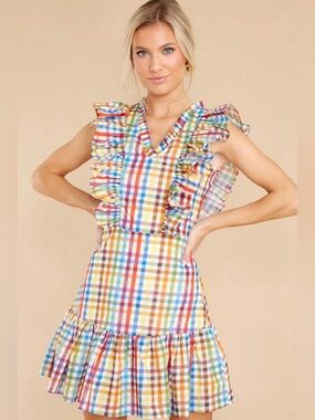 LaRoque Dolly Rainbow Mini dress, Gingham Ruffle V-Neck With Flared Skirt. Sz S